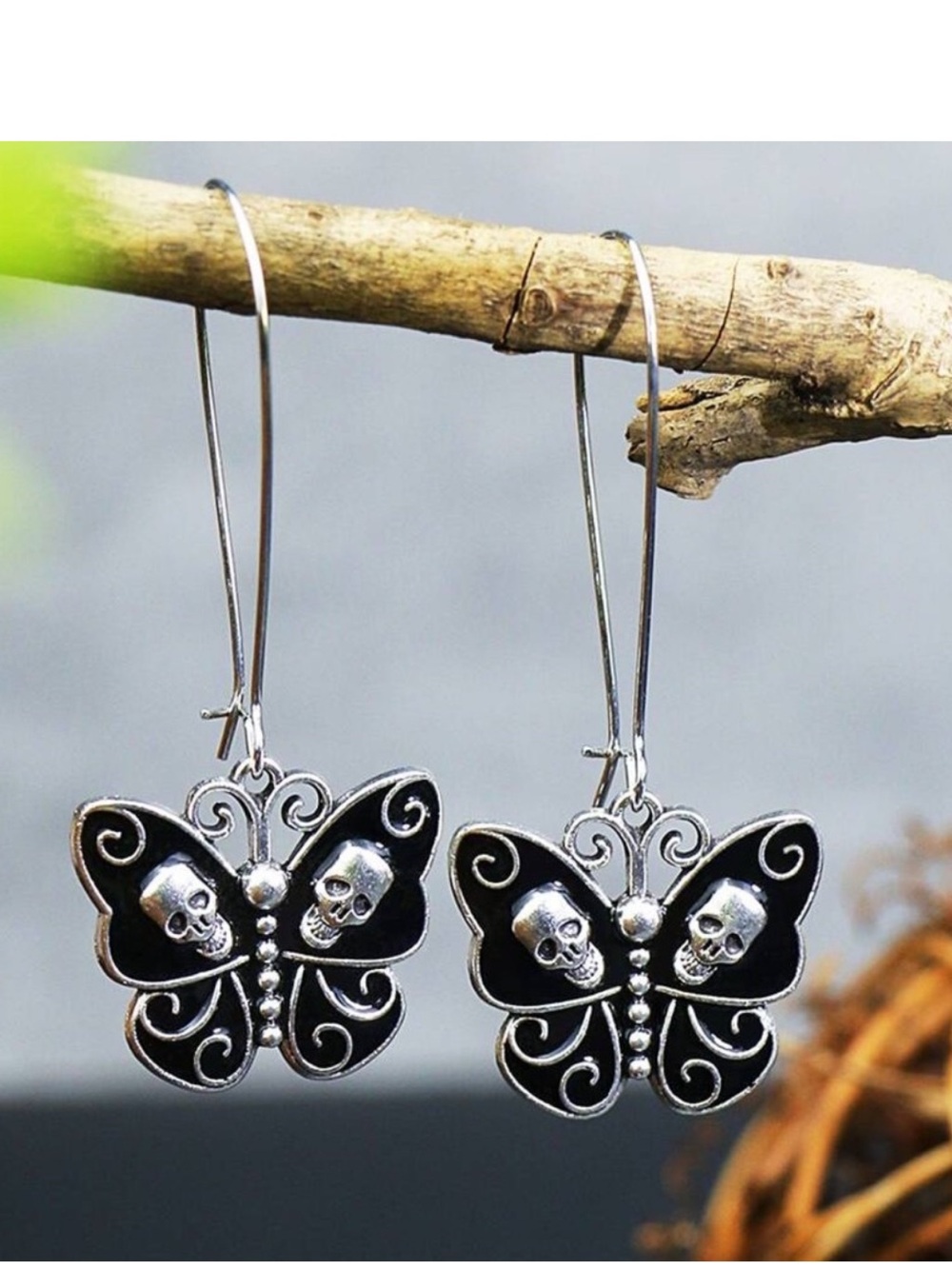 24k Gold Plated Silver Ear Wire Threader Death’s Head Skull Moth Earrings new